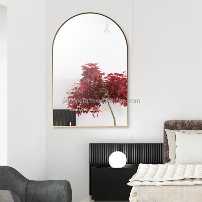 China Antique Factory direct modern black gold metal frame arched vanity hanging wall mirror for bathroom living room decoration for sale