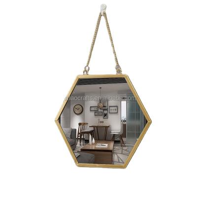 China Modern Modern Luxury Hexagon Hanging Gold Makeup Mirror Frame Decorative Bathroom Living Room Decor with iron chain for sale