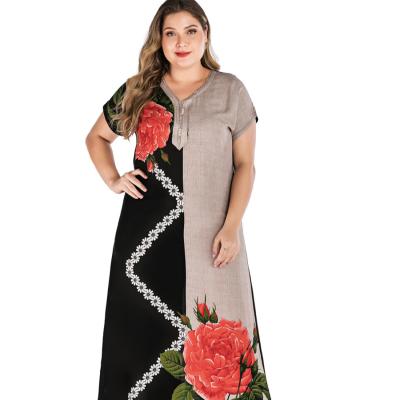 China 2021Hot Sale Summer Anti-Static Plus Size Madame Rayon Splicing V-Neckline Shortsleeve Printed Loose Elegant Women Casual Maxi Dresses for sale