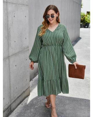 China Women 2021 Summer New Arrival Anti-wrinkle Plus Size Green Red Rose Long Sleeve V-Neck Ladies Striped Sweet Girls Loose Casual Midi Dress for sale