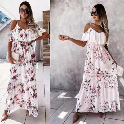 China 2021 Summer Bohemian Beach Fashion Women's Long Dress Anti-Static Style Ruffles Off Shoulder Floral Beach Maxi Dress for sale