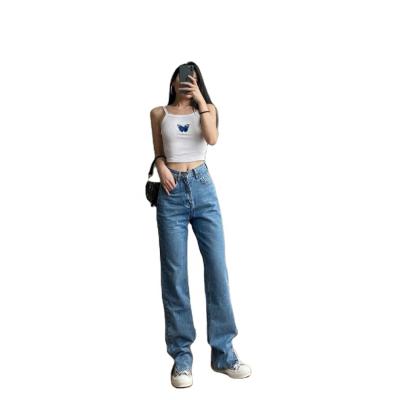 China 2022 High Leg Women Jeans Women's Viable Straight Waist Loose Blue Washed Denim Pants Casual Split Edge Mom Straight Jeans for sale