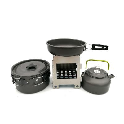 China Portable aluminum camping cooking cookware set outdoor hiking backpacking tableware mess kit cookset with wood burning stove for sale