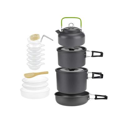 China Portable 4-5 People Outdoor Camping Increasing Camp Cookware Mess Kit with Kettle Pan Pot Teapot Backpack Portable Camping Cookware for sale