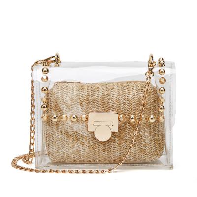 China Fashion New Arrival Transparent Handbag Clips PU Leather Cross - Body Bag For Girls Straw Braid Chains Shoulder Bags 2023 Women for sale