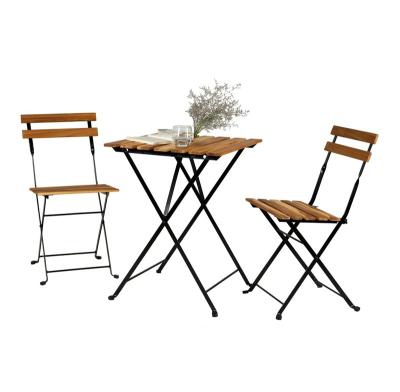 China Morden Design Small Wooden Foldable Collapsible Furniture Set Balcony Table and Chair Set Coffee Table and 2 Bistro Chairs Acacia for sale