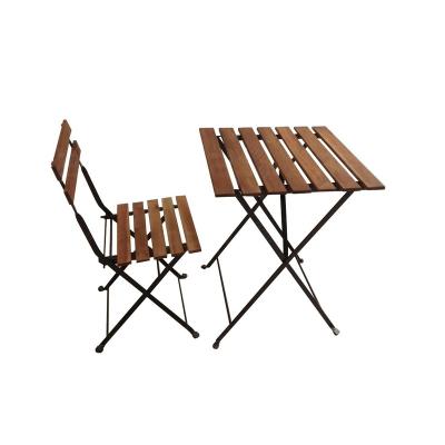 China French Wood Top View Foldable Balcony Furniture Metal Bistros Steel Bistro Set of 3 Piece Patio Table Chairs for sale