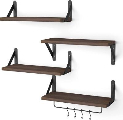 China Sustainable Wall Mounted Floating Shelf Set Of 4 With 1 Towel Holder & 4 Removable Hooks For Living Room Bathroom Kitchen And Bedroom for sale