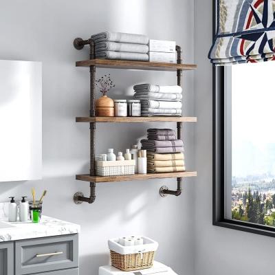 China Sustainable 3 Tiers Industrial Pipe Shelf Rustic Wood Floating Shelves Home Decor Wall Display Bookshelf Storage Rack for sale