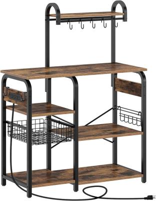 China Sustainable 7-tiers Pull Basket Kitchen Storage Rack Rustic Brown Freestanding Utility Stable Microwave Oven Baker's Rack for sale