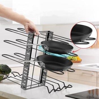 China Sustainable Kitchen 3 DIY Methods 8 Tiers Pots Pans Organizer Storage Shelf Adjustable Pot Lid Holders Rack for sale