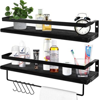 China Sustainable Decorative Rustic Kitchen Bedroom Bathroom Wall Mounted Black Wood Floating Shelves With Rails & Towel Holder for sale