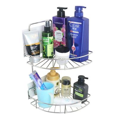 China Sustainable Dual Layers Silver Shower Room Storage Rack Shelf Wall Mounted Foldable Iron Bathroom Rack for sale