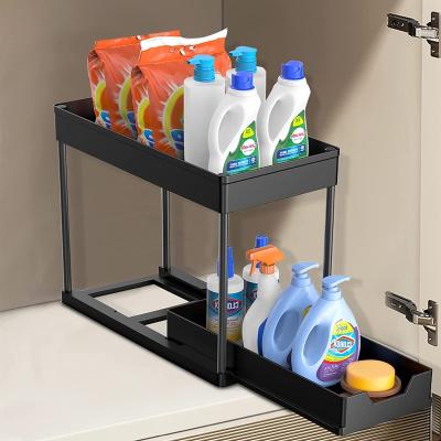 China Sustainable Bathroom Kitchen 2-tier Sliding Cabinet Basket Organizer With 8 Hooks Multi-purpose Under Sink Storage Rack for sale