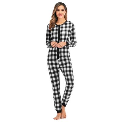 China Customeized Logo Christmas Plaid Design Adult Thermal Round Neck Cheap Price Women Onesie Pajamas for sale