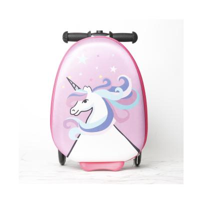 China Travel Custom Design Children Kids Rideable Trolley Kick Stand Foldable Suitcase Scooter Luggage for sale