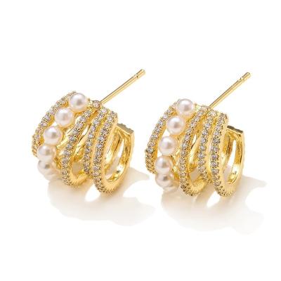 China Fashion CLASSIC Design INS Pearl Zircon Multilayer C Shaped Stud Earrings For Women for sale