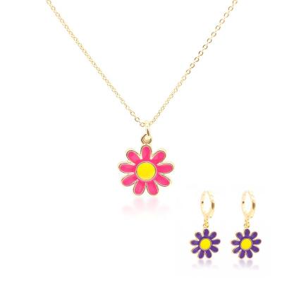 China TRENDY Colorful Enamel Jewelry Set 18k Gold Plated Zircon Flower Necklace And Earrings for sale