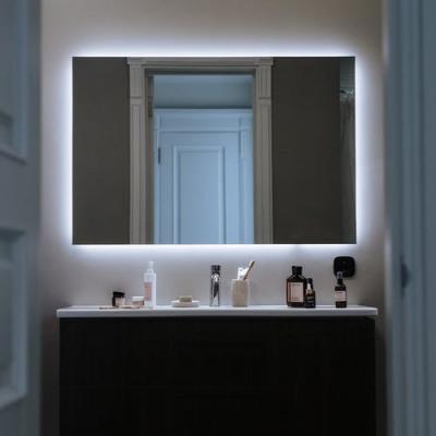 China Wall Mounted Rounded Hotel Bathroom Smart Illuminated Lcd Mirror Makeup Mirror Custom Made Rectangular With LED Light Sound for sale