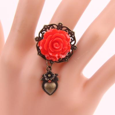 China 2021 New Style Vintage Steampunk Red Rose And Black Rose Antique Bronze Woman's Adjustable Ring With Heart Drop for sale