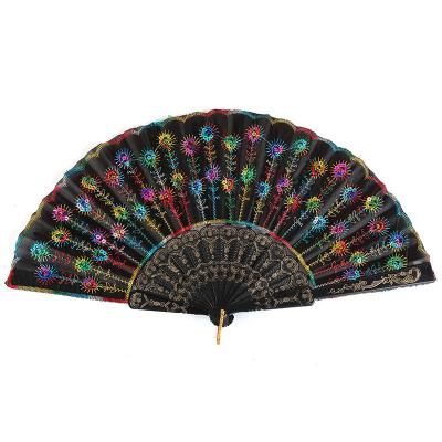 China New Design Dance Party Black Hand Plastic Fans For Dancing With Sequins Embroidery Chinese Personalized Fans Feature Souvenir Gifts for sale