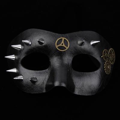 China PU+Plastic+ Alloy Vintage Steampunk Mask Gears Decoration Mask With Rivets Mens Black PU Mask for sale