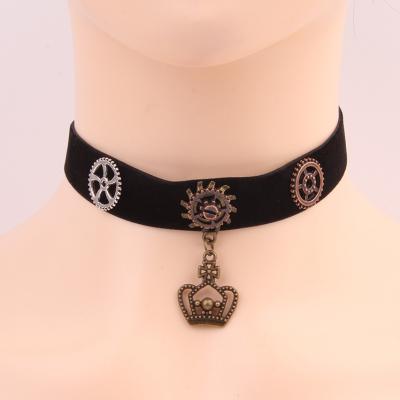 China Eco-Friendly Velvet Vintage Party Steampunk Gears Accessories Choker Fabric Black Costume Velvet Crown Charm Necklace for sale