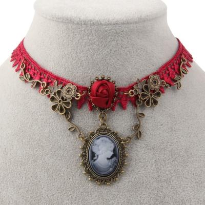 China Lace Up Red Rose Accessory Beauty Head Pendant Vintage Neckerchief Necklace for sale