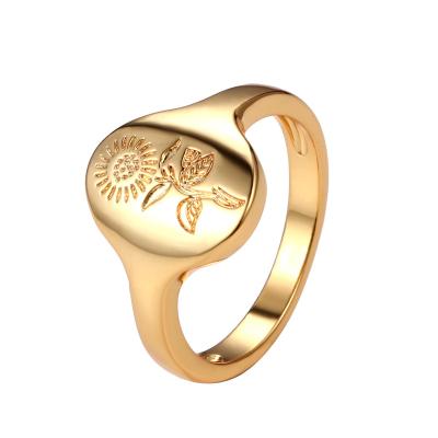 China Fashion Supply New Amazon Fashion Under-creative Women's Models Simple Border Oval Seal Ring Pattern Retro Sunflower Flower for sale