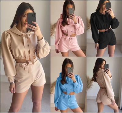 China 2022 Solid Color QUICK DRY Crop Newcomer Hoodie And Biker Top Shorts Outfits Tracksuit Women Short Two Piece Sets for sale