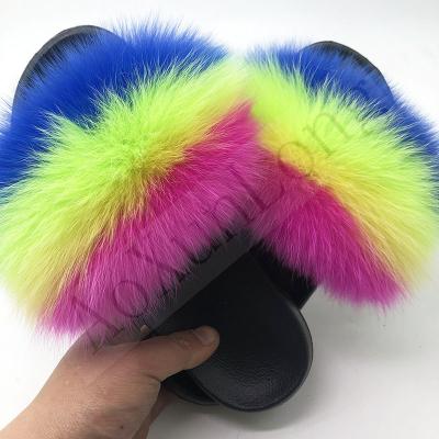 China Fluffy Women's New Fox Fur Slides Sexy Home Plush Flip Flops Plus Size Soft EVA Flats Female Furry Real Fox Hair Non-slip Slippers for sale