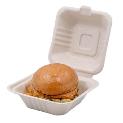 China Natural Maker Price White American 6 Inch Burger Clamshell Boxes Sugarcane Bagasse Pulp Biodegradible Food Portion Container for sale