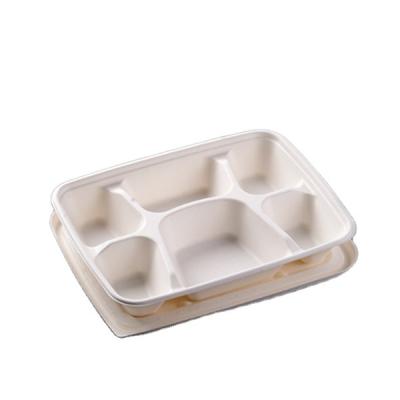 China Grid Disposable School Canteen Box 6 Disposable Thickened Bagasse Paper Pulp Food Container Lunch Takeout Tray for sale