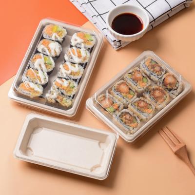 China Disposable Compostable Disposable Sushi Box Pulp Sugar Cane Wholesale Price Compostable Sushi Tray With Lid for sale