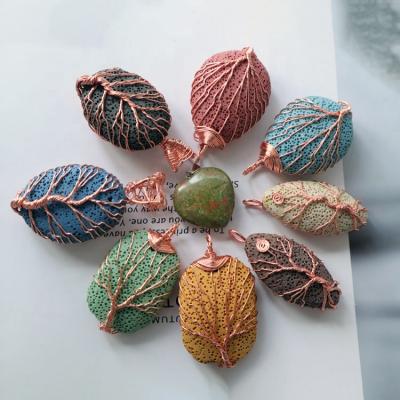 China Lava Rock Volcanic Teardrop Tree Round Stone Beads Charm Jewelry CLASSIC Gifts Of Life DIY Copper Pendant Necklace for sale