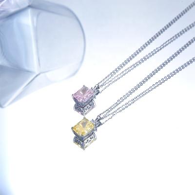 China Zircon 10mm Square Yellow Crystal Classic Women Necklace Jewelry Vintage S925 Sterling Silver Necklace Wholesale Pink for sale