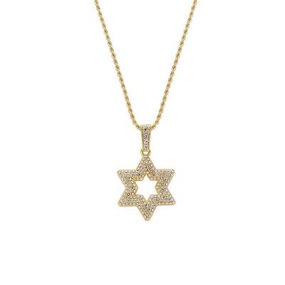 China Hiphop Hip Hop Hexagonal Pendant Six-pointed Star Diamond Full Fashion Jewelry 18k Gold Plated Trendy Long Chain Necklace for sale