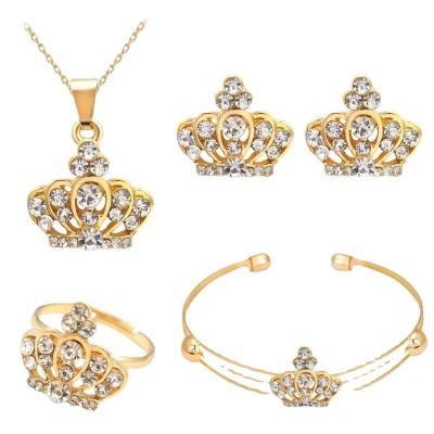 China Crown Diamond Earrings Necklace Ring Bracelet Atmospheric Hyperbole Four Sets Woman Fashion Rhinestone Jewelry Wholesale Set for sale