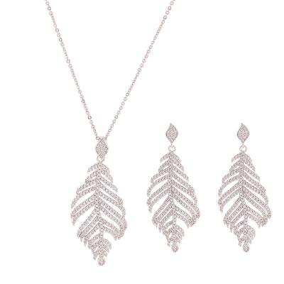 China Popular Luxury Bridal Jewelry Set Sterling Silver Bridal Wedding Fine Zircon Hyperbola Leaf Necklace Earrings for sale