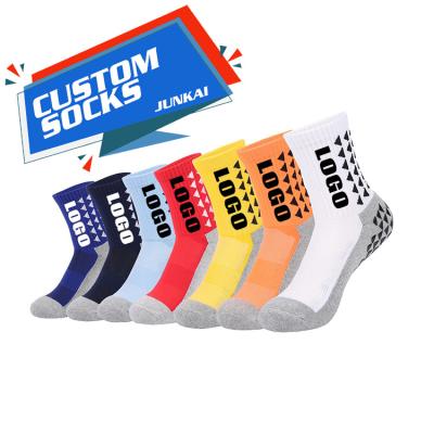 China Custom Logo Grip Sports Rubber Socks Custom Logo Football Anti-Slip Crew Custom Breathable Soccer Socks for sale