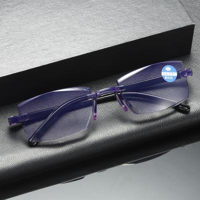 China 8012 new design thin plastic rimless blue reading glasses anti for sale