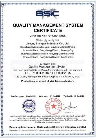 ISO9001 - Jieyang Shengde Industrial Co., Ltd.