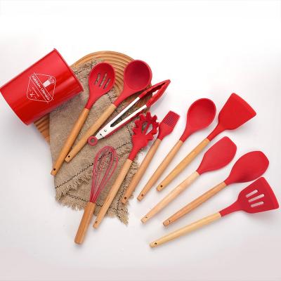 China Red Stocked Silicone 12pcs Kitchen Utensil Set Wooden Handle Kitchen Utensil Set for sale