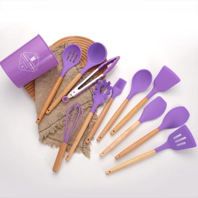 China 12 Pieces Viable Kitchenware Factory Price Stick Handle Silicone Wooden Utensils Non Cooking Set For Kitchen for sale