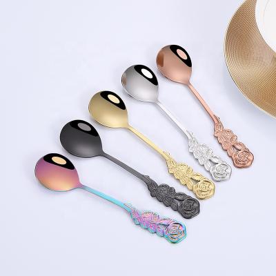 China Colorful High Quality Viable 18/10 Stainless Steel Spoons Coffee Tea Spoons With Rose Flower Handle For Home Restaurant Wedding Party for sale