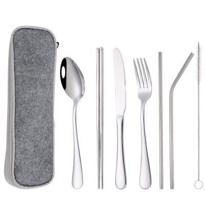 China 2022 Amazon Hot Sellings Portable Travel Outdoor Camping Silverware Utensils Cutlery Set 8 Pieces Stainless Steel With Bag for sale