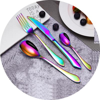 China Low MOQ Sustainable Design New 18/0 Stainless Steel Flatware Rainbow PVD Sleek Cutlery Set With Nice Fork And Spoon Set for sale