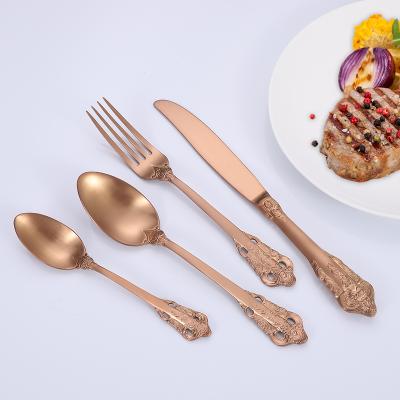 China Viable Premium Gold Plated Vintage Style Finish Cutlery Flatware Sets 2021 New Product Ideas Silverware Stainless Steel Flatware Viable Sets for sale