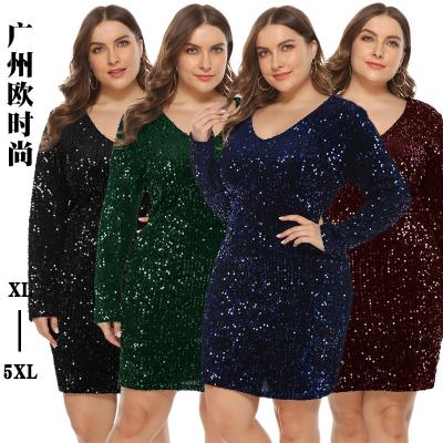 China Sexy Tight Hip V-Neckline Sequins Nightclub Plus Size Women's Long Sleeve Dresses Plus Size Package for sale