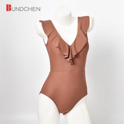 China Breathable Mature Women Ruffle V-Neck Brazil Brown One-Piece Swimsuit Swimwear for sale